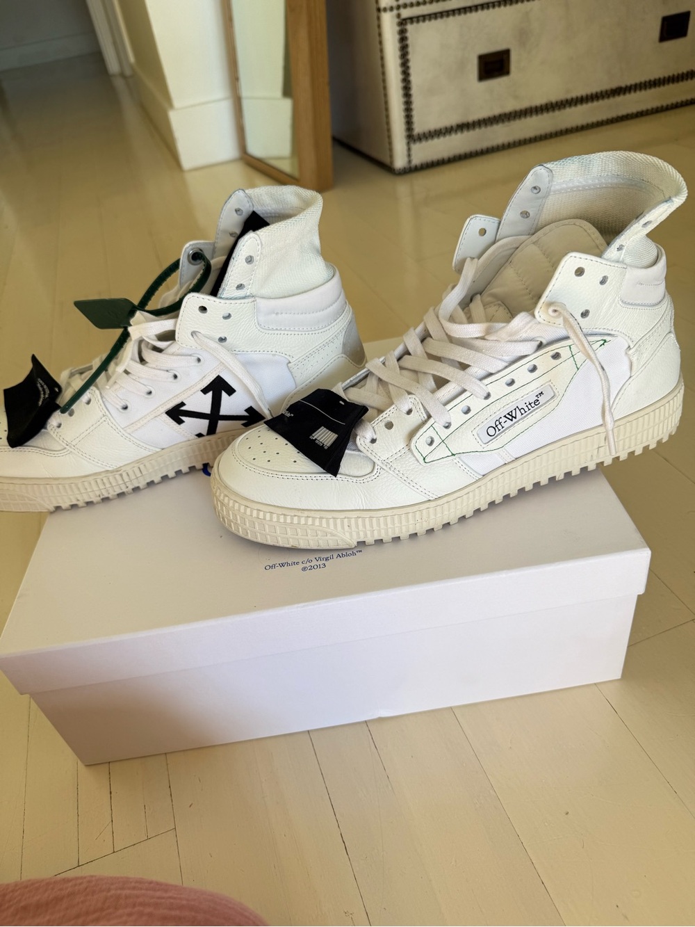 Off-White Men White High-Top Sneakers with Black Arrow Accent